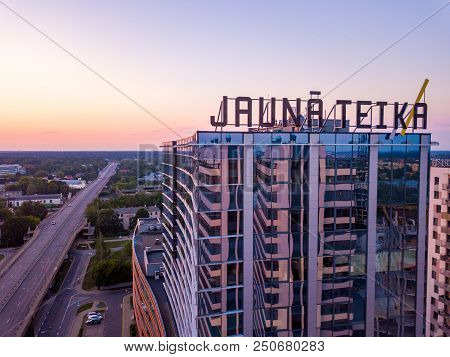 Riga, Latvia. July 20, 2018. Aerial Sunset View Over Riga Near Jauna Teika District By The Vef Castl