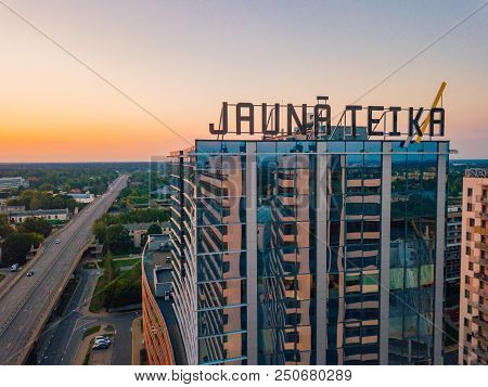 Riga, Latvia. July 20, 2018. Aerial Sunset View Over Riga Near Jauna Teika District By The Vef Castl