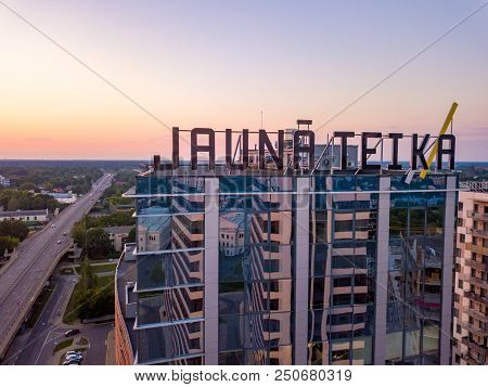 Riga, Latvia. July 20, 2018. Aerial Sunset View Over Riga Near Jauna Teika District By The Vef Castl