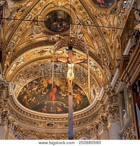 Bergamo, Italy - May 10, 2018: Ceiling And Stucco Ornaments, Murals In The Basilica Of Santa Maria M