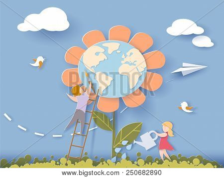Children Caring For The Earth Flower With Blue Sky Background. Save The Planet Card. Vector Illustra