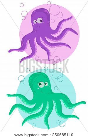 Octupus. Two Funny Cartoon Octopus. Vector Illustation.