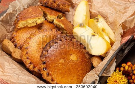 Round Dutch Homemade Cookies Filled With Apples And Almonds Nuts, Autumn And Winter Seasonal Dessert
