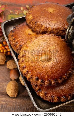 Round Dutch Homemade Cookies Filled With Marzipan And Almonds Nuts, Autumn And Winter Seasonal Desse