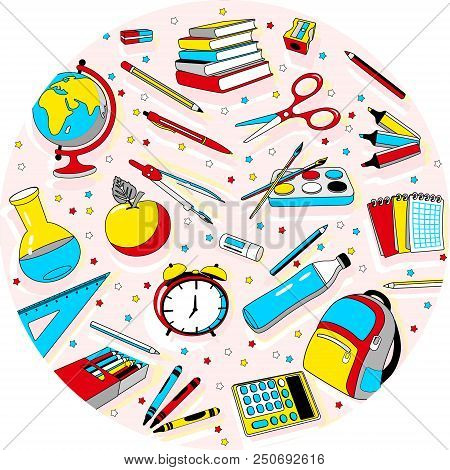 Back To School Round Background In Red, Blue And Yellow