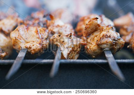 meat kebab shashlik on skewers  and grill with flame