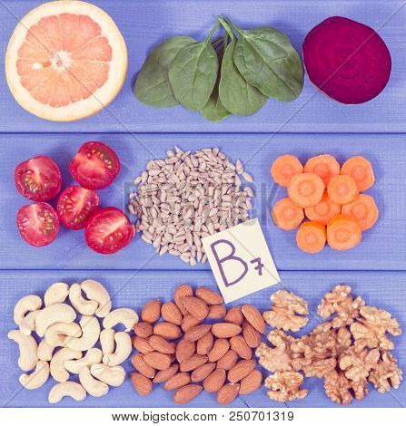 Vintage Photo, Healthy Products And Ingredients As Source Vitamin B7, Dietary Fiber And Natural Mine