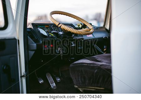 Russia, Novosibirsk - November 23, 2017: Truck Gaz 3309. Cabin Interior Truck