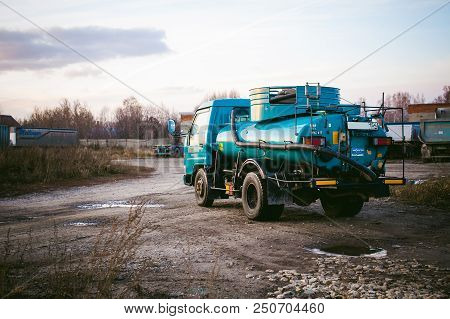 Russia, Novosibirsk - November 23, 2017: Light Truck Toyota Dune. Special Equipment, Barrel For Fuel