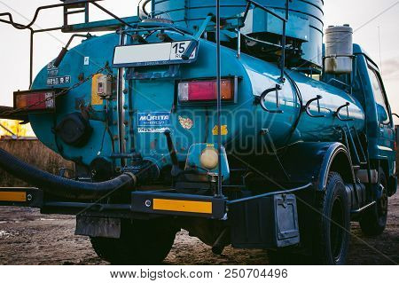 Russia, Novosibirsk - November 23, 2017: Light Truck Toyota Dune. Special Equipment, Barrel For Fuel