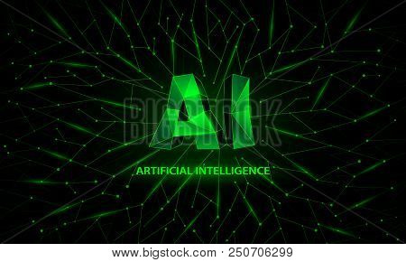 Green Neon Polygonal Artificial Intelligence Conceptual Banner With A Low Poly Ai Symbols.