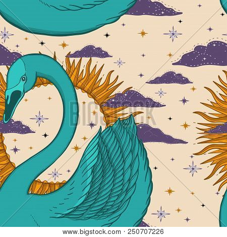 Sketch Graphic Illustration Beautiful Seamless Pattern Bird Swan Color With Mystic And Occult Hand D