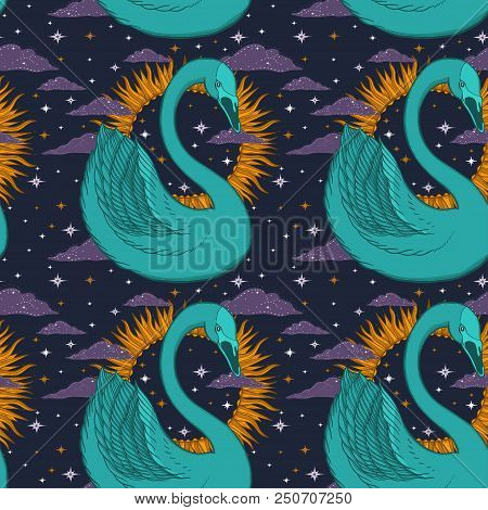 Sketch Graphic Illustration Beautiful Seamless Pattern Bird Swan Color With Mystic And Occult Hand D