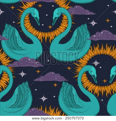 Sketch Graphic Illustration Beautiful Seamless Pattern Bird Swan Color With Mystic And Occult Hand D