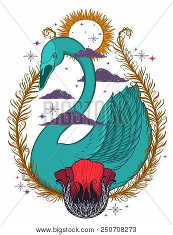 Sketch Graphic Illustration Beautiful Bird Swan Color With Mystic And Occult Hand Drawn Symbols. Vec