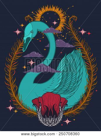 Sketch Graphic Illustration Beautiful Bird Swan Color With Mystic And Occult Hand Drawn Symbols. Vec