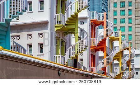 Colorful Spiral Staircases On Singapore City At Bugis Village In Singapore.