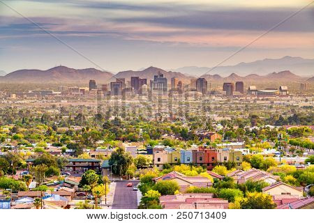 Phoenix, Arizona, USA downtown cityscape at dusk.