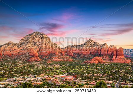 Sedona, Arizona, USA downtown and mountains.