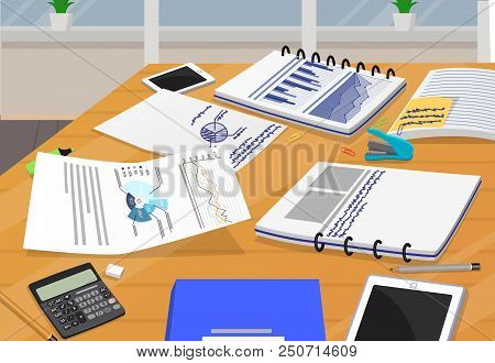 Office Paper Documentation Vector Illustration With Charts Data Visualization, Calculator And Mobile