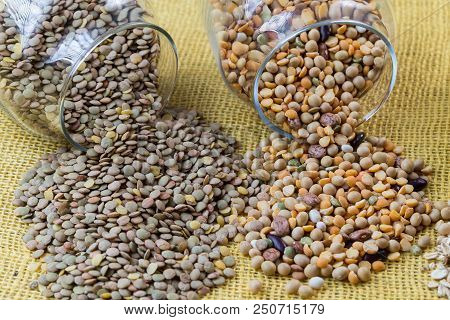 Glass Jars With Various Legumes - Beans, Oatmeal Flakes, Peas And Lentils. Cooking, Diet, Vegan And 