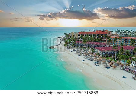 Aerial from Manchebo beach on Aruba island in the Caribbean at sunset