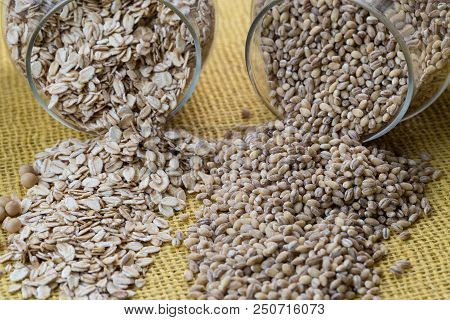 Glass Jars With Various Legumes - Beans, Oatmeal Flakes, Peas And Lentils. Cooking, Diet, Vegan And 