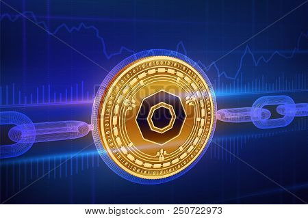 Crypto Currency. Block Chain. Komodo. 3d Isometric Physical Golden Komodo Coin With Wireframe Chain.