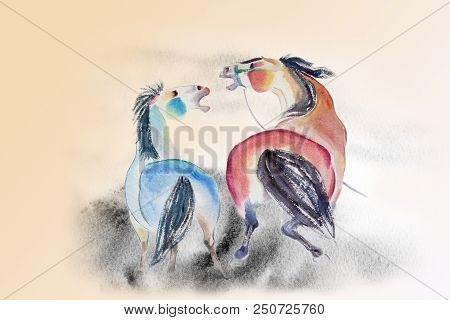 Abstract Watercolor Paintings Colorful Of A Couple Horse On Paper And Freely Emotion Concept In Land