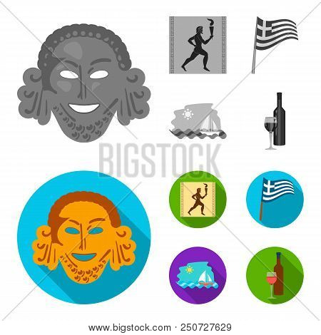 Greece, Running, Wine, Flag .greece Set Collection Icons In Monochrome, Flat Style Vector Symbol Sto
