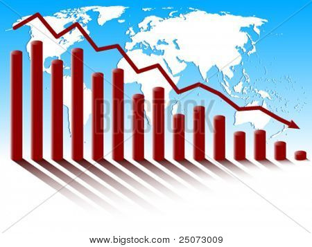 Business diagram of decrease on the background of world map.