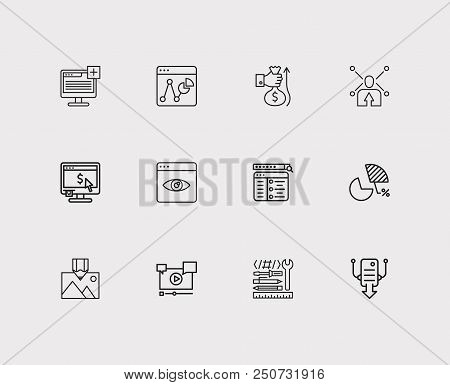 Search Icons Set. Market Analysis And Search Icons With Setup Campaign, Website Tools And Page View.