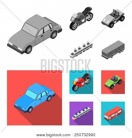 Motorcycle, Golf Cart, Train, Bus. Transport Set Collection Icons In Monochrome, Flat Style Vector S