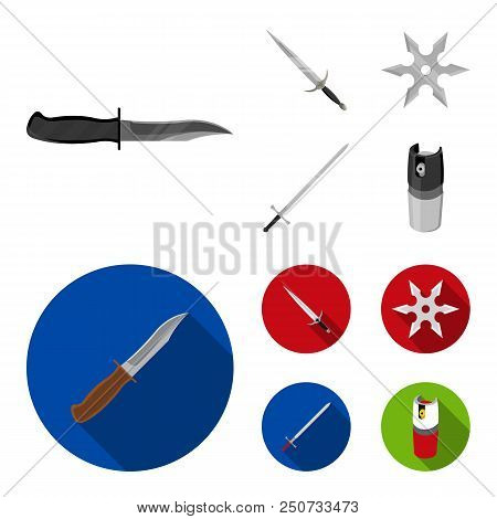 Sword, Two-handed Sword, Gas Balloon, Shuriken. Weapons Set Collection Icons In Monochrome, Flat Sty