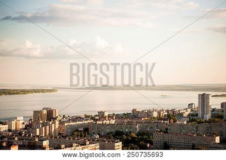 Saratov, Russia, View Of The Houses, The Volga River, The Bridge To Engels. The Landscape Of The Cit