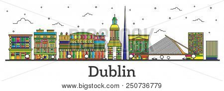Outline Dublin Ireland City Skyline with Color Buildings Isolated on White. Dublin Cityscape with Landmarks.
