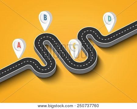 Road Trip And Journey Route. Business And Journey Infographic Design Template With Pin Pointer. Wind