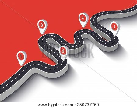 Road Trip And Journey Route. Business And Journey Infographic Design Template With Pin Pointer. Wind