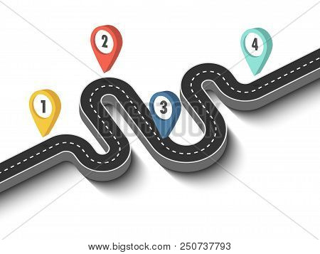 Road Trip And Journey Route. Business And Journey Infographic Design Template With Pin Pointer. Wind