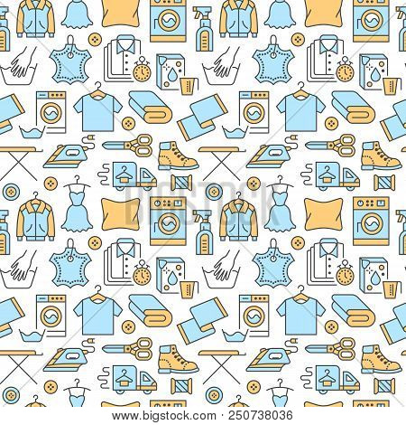 Dry Cleaning, Laundry Blue Seamless Pattern With Line Icons. Laundromat Service Equipment, Washing M