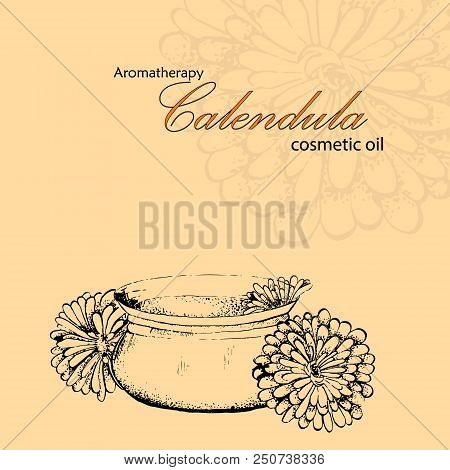 Template For Cosmetic Oil Of Calendula On The Orange Background. Spa Concept
