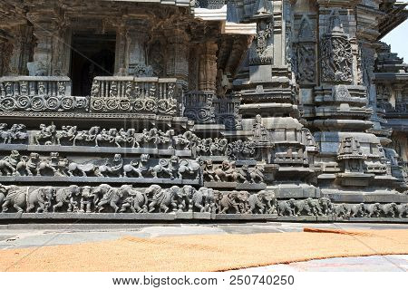 Facade And Decorative Friezes With Animal Figures, Chennakeshava Temple. Belur, Karnataka, India. So