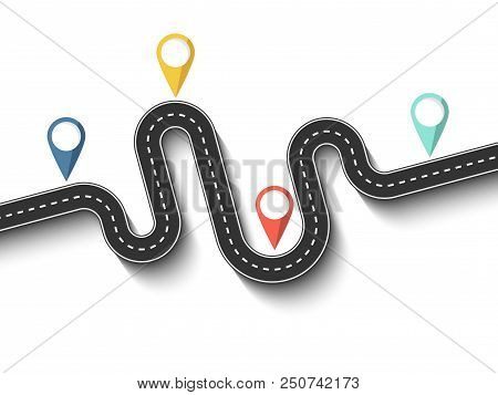 Road Trip And Journey Route. Business And Journey Infographic Flat Design Template With Pin Pointer.