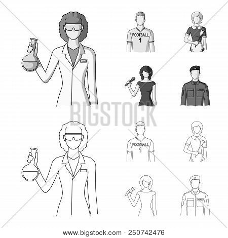 Woman Chemist, Football Player, Hotel Maid, Singer, Presenter.profession Set Collection Icons In Out
