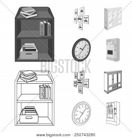 Cabinet, Shelving With Books And Documents, Frames On The Wall, Round Clocks. Office Interior Set Co