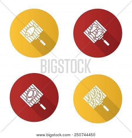 Barbecue Flat Design Long Shadow Glyph Icons Set. Hand Grills With Fish, Chicken Drumsticks, Meat St