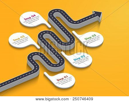 Road Way Location Infographic Template With A Phased Structure. Winding Road Timeline. Stylish 3d Se