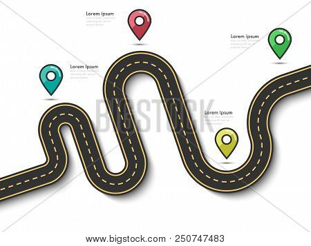Road Way Location Infographic Template With Pin Pointer. Winding Road On A Colorful Background. Styl