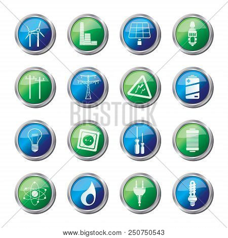 Electricity,  Power And Energy Icons Over Colored Background - Vector Icon Set