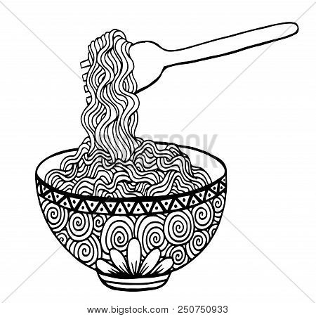 Doodle Noodle At Bowl And Fork, Hand Drawing